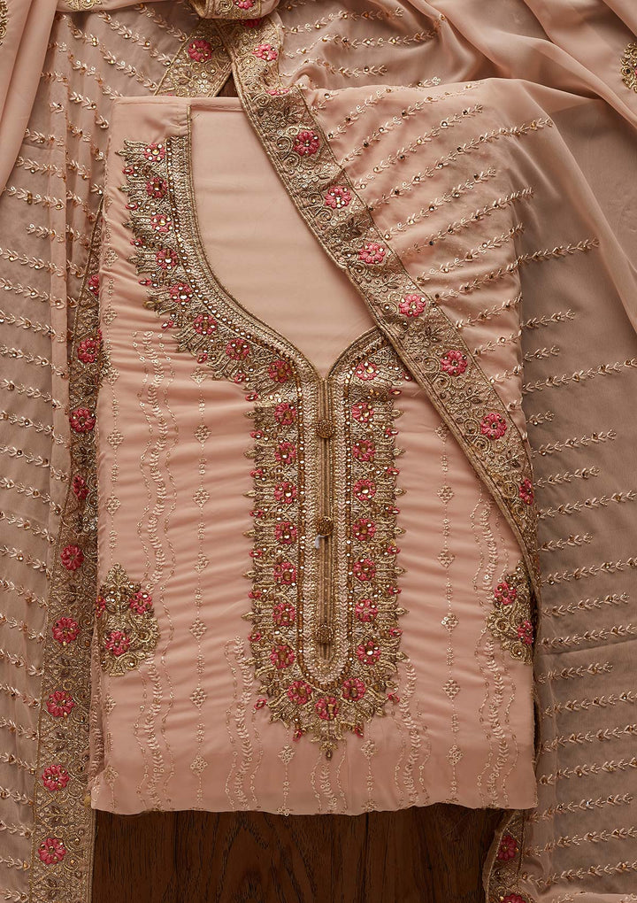 Peach Zariwork Georgette Designer Semi-Stitched Salwar Suit - Koskii