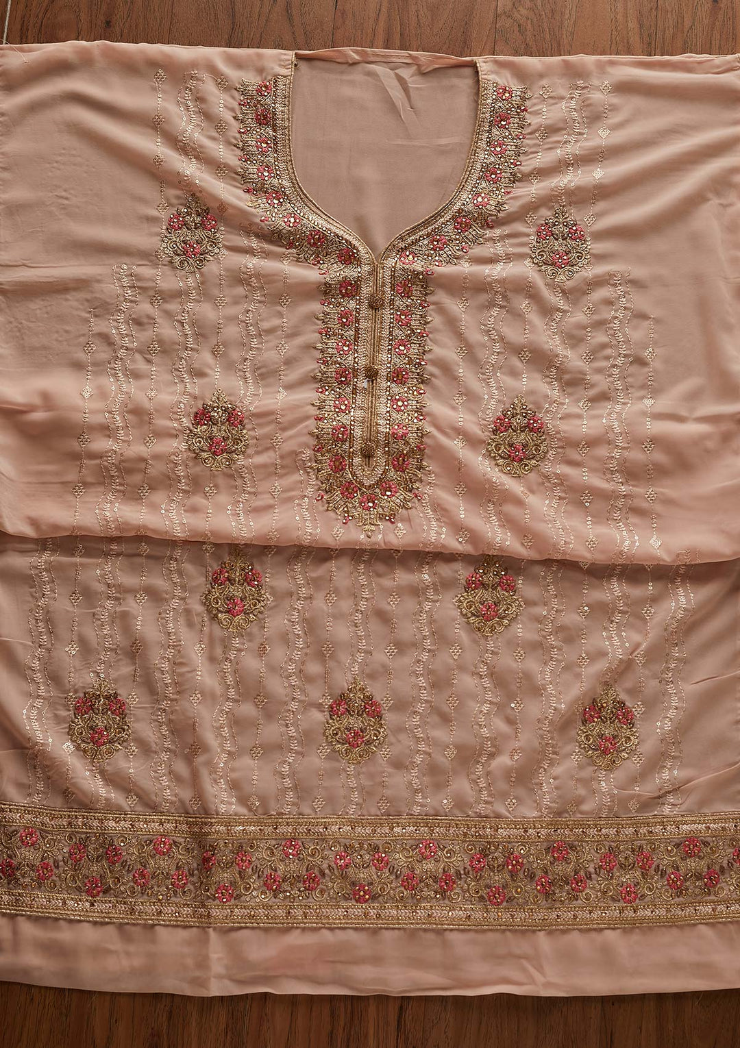 Peach Zariwork Georgette Designer Semi-Stitched Salwar Suit - Koskii