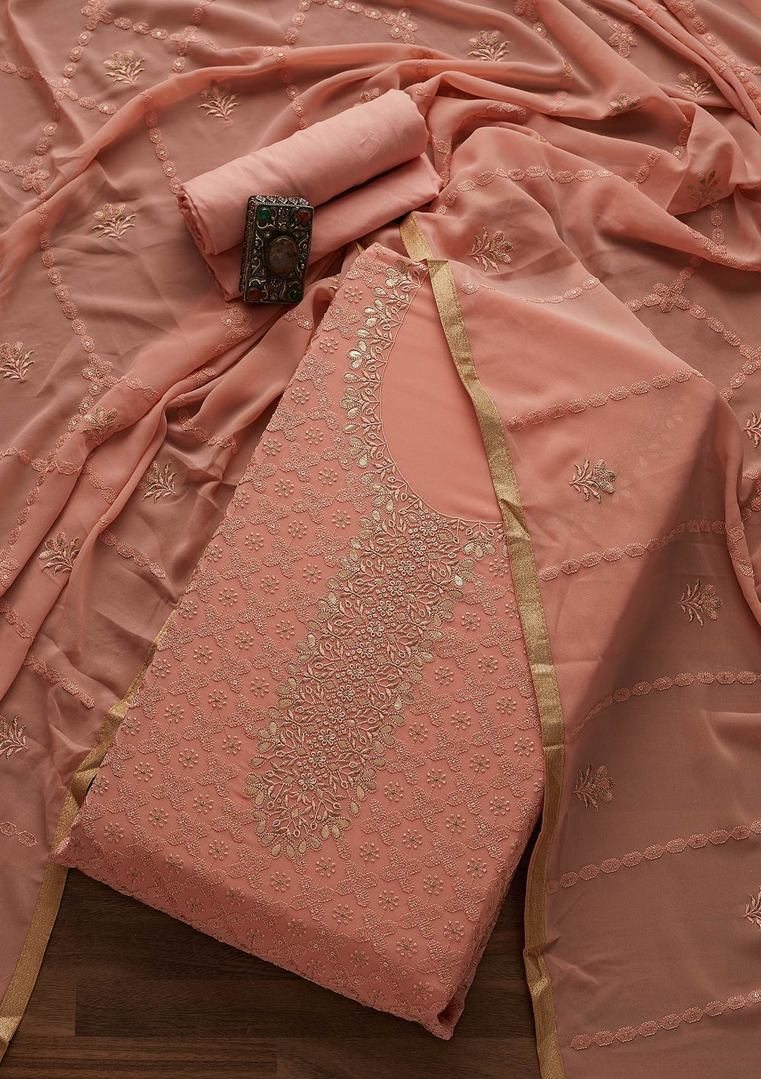 Peach Zariwork Georgette Designer Unstitched Salwar Suit - Koskii