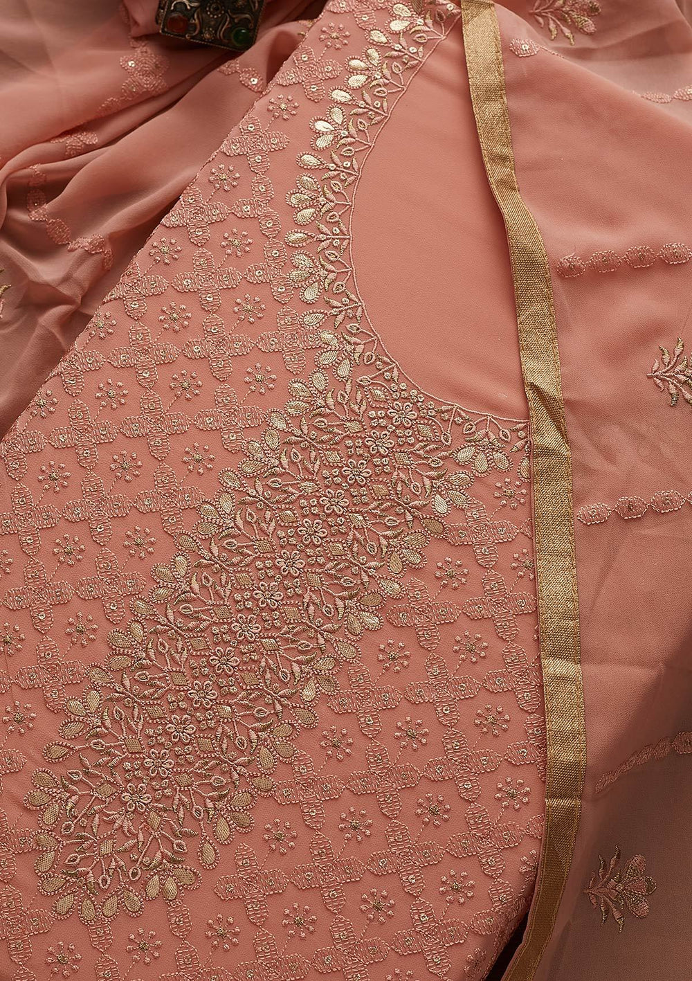 Peach Zariwork Georgette Designer Unstitched Salwar Suit - Koskii