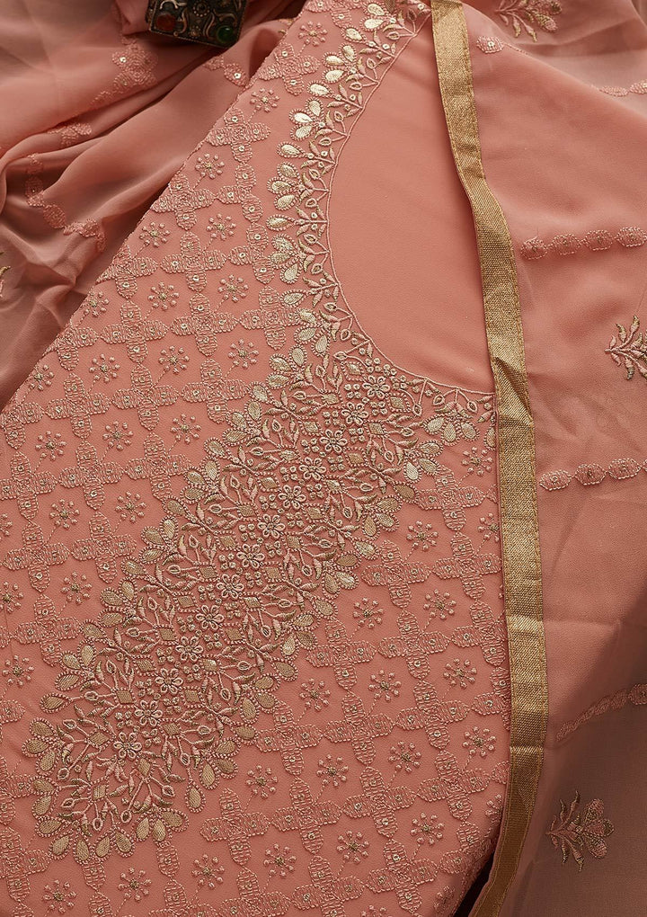 Peach Zariwork Georgette Designer Unstitched Salwar Suit - Koskii