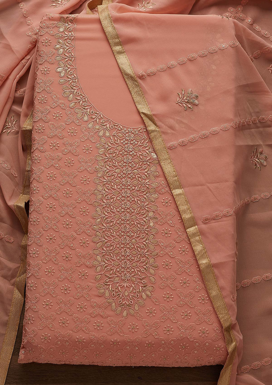 Peach Zariwork Georgette Designer Unstitched Salwar Suit - Koskii