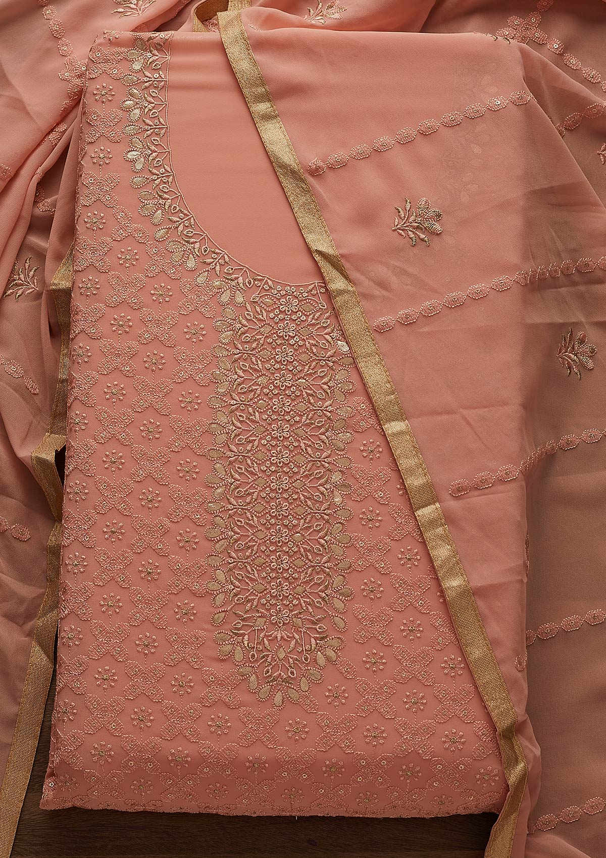 Peach Zariwork Georgette Designer Unstitched Salwar Suit - Koskii