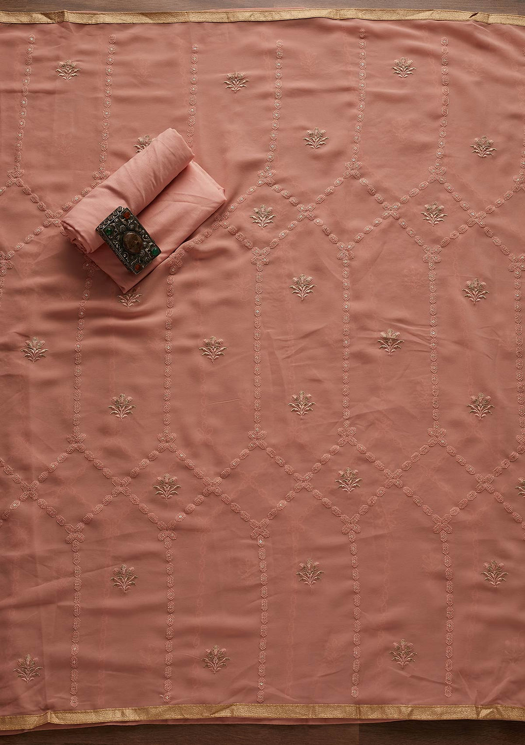 Peach Zariwork Georgette Designer Unstitched Salwar Suit - Koskii