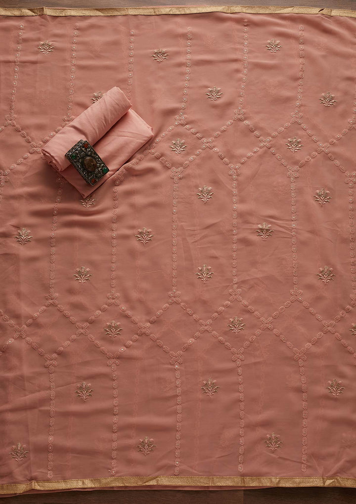 Peach Zariwork Georgette Designer Unstitched Salwar Suit - Koskii