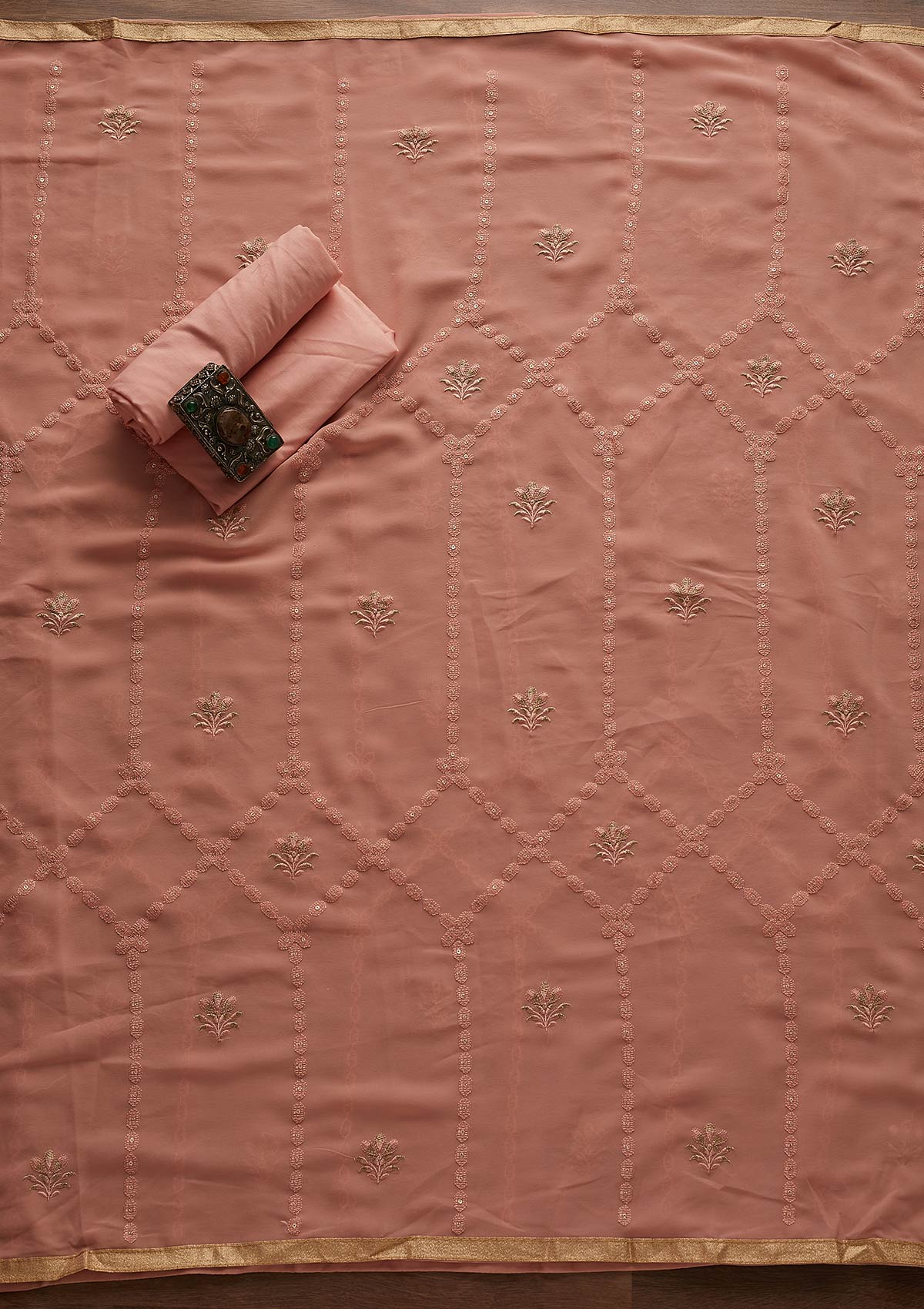 Peach Zariwork Georgette Designer Unstitched Salwar Suit - Koskii