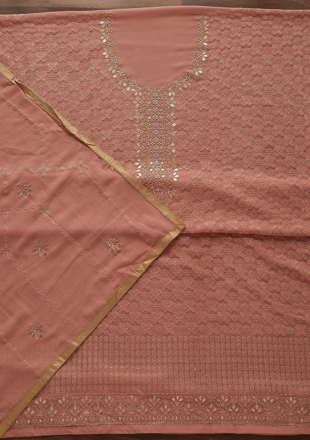 Peach Zariwork Georgette Designer Unstitched Salwar Suit - Koskii