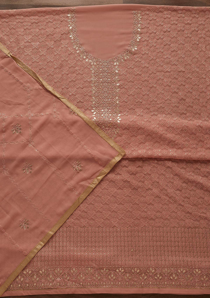 Peach Zariwork Georgette Designer Unstitched Salwar Suit - Koskii