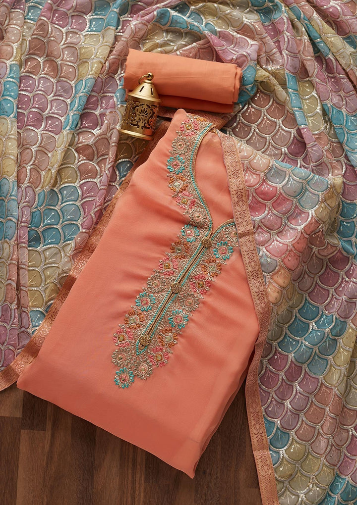 Peach Zariwork Georgette Designer Unstitched Salwar Suit - Koskii
