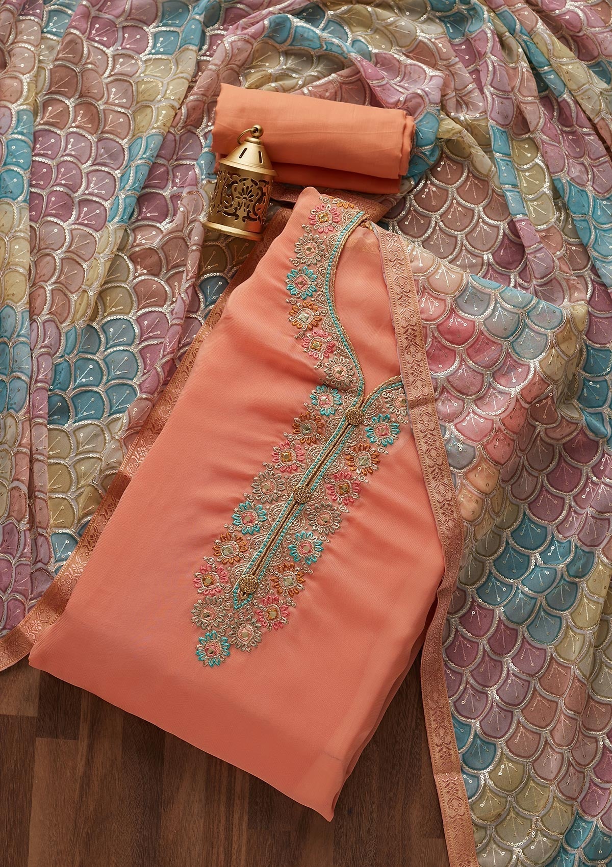 Peach Zariwork Georgette Designer Unstitched Salwar Suit - Koskii