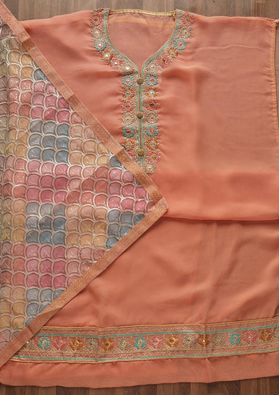Peach Zariwork Georgette Designer Unstitched Salwar Suit - Koskii