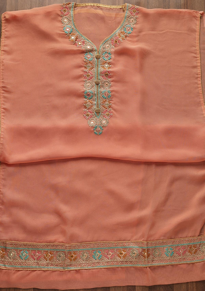 Peach Zariwork Georgette Designer Unstitched Salwar Suit - Koskii