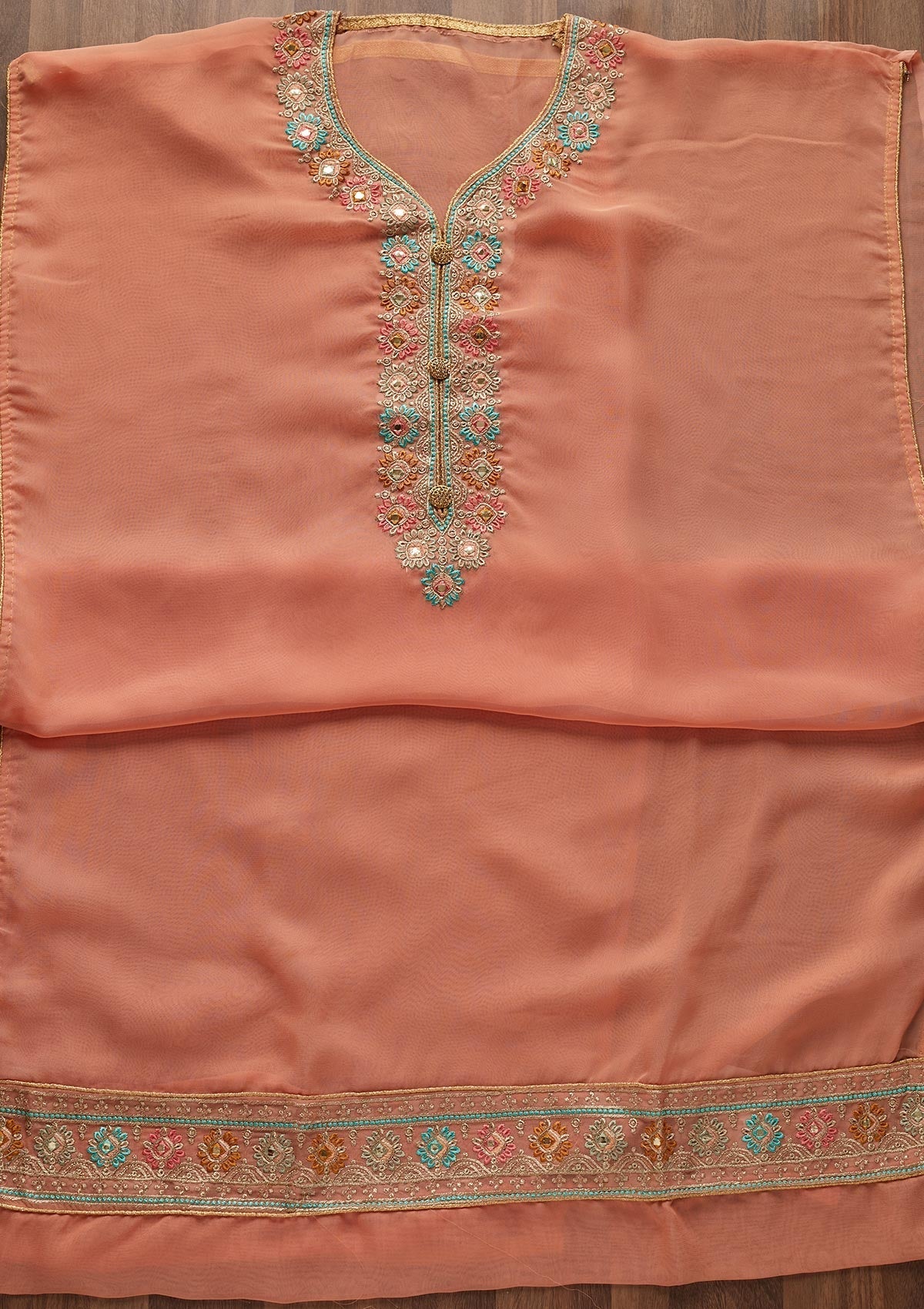 Peach Zariwork Georgette Designer Unstitched Salwar Suit - Koskii