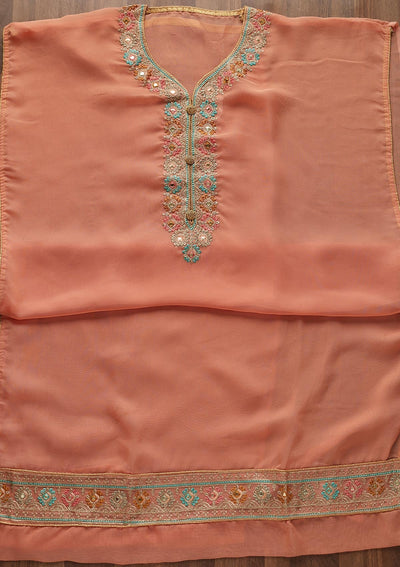 Peach Zariwork Georgette Designer Unstitched Salwar Suit - Koskii