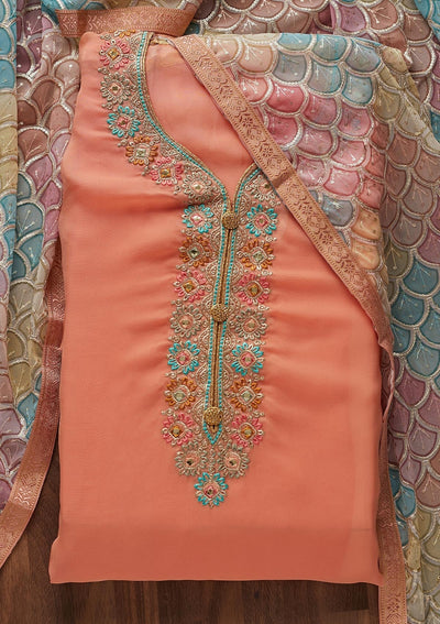 Peach Zariwork Georgette Designer Unstitched Salwar Suit - Koskii