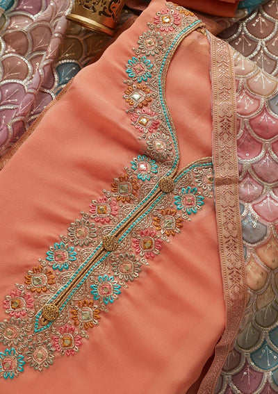 Peach Zariwork Georgette Designer Unstitched Salwar Suit - Koskii