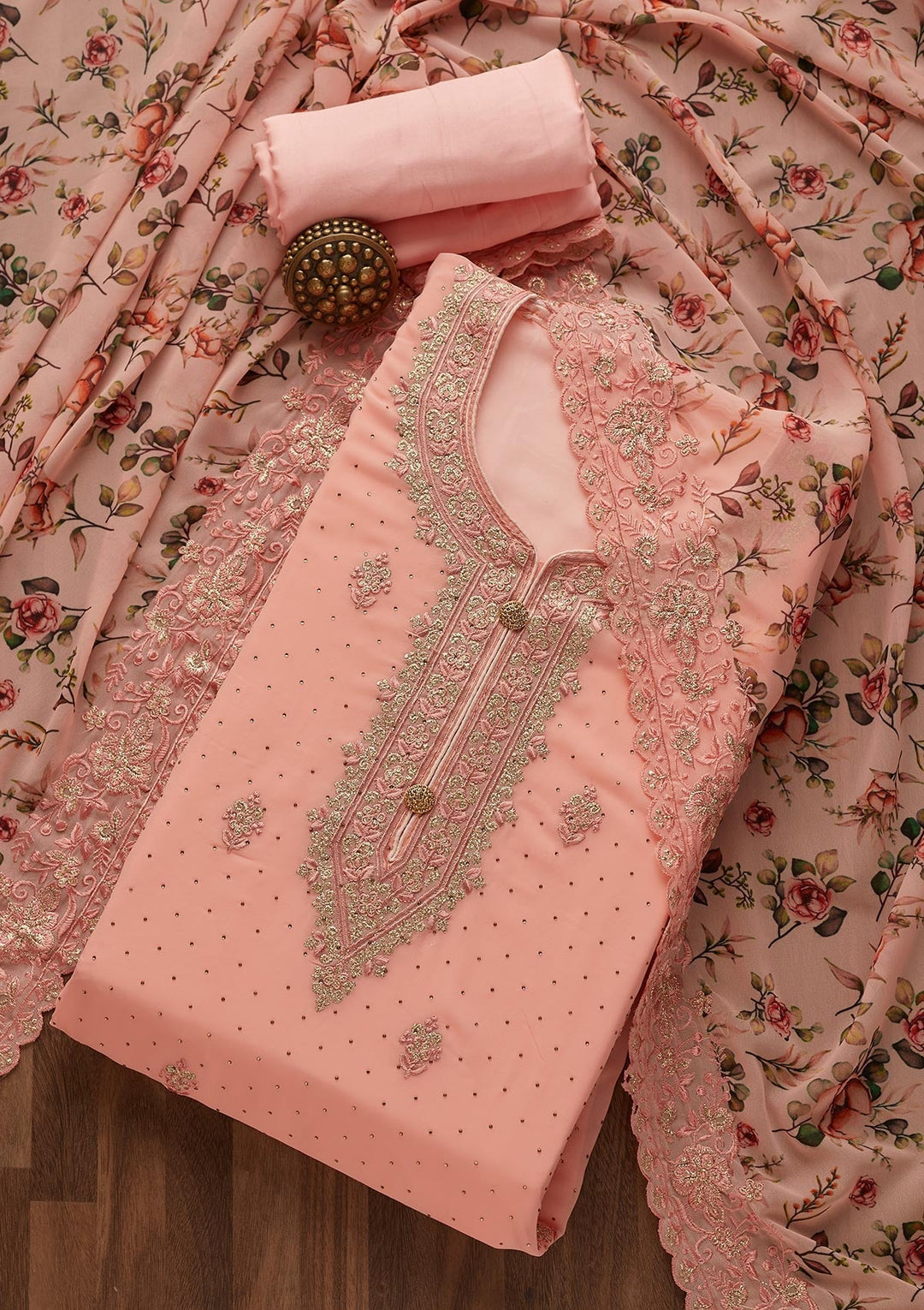 Peach Zariwork Georgette  Unstitched Salwar Suit- Koskii