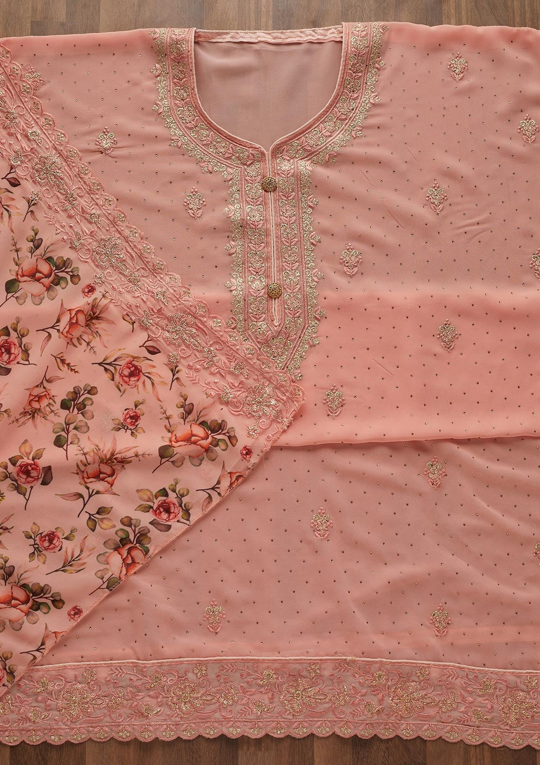 Peach Zariwork Georgette  Unstitched Salwar Suit - Koskii