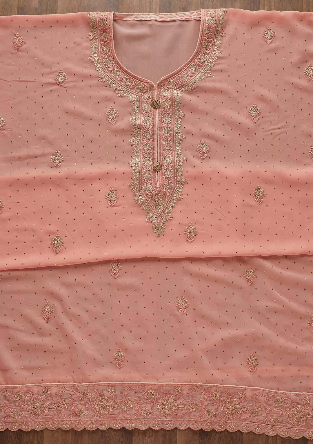 Peach Zariwork Georgette  Unstitched Salwar Suit - Koskii