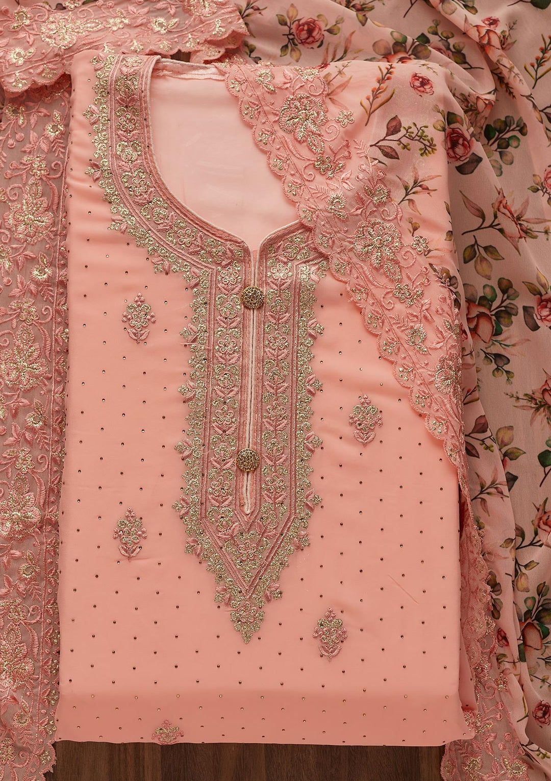 Peach Zariwork Georgette  Unstitched Salwar Suit - Koskii