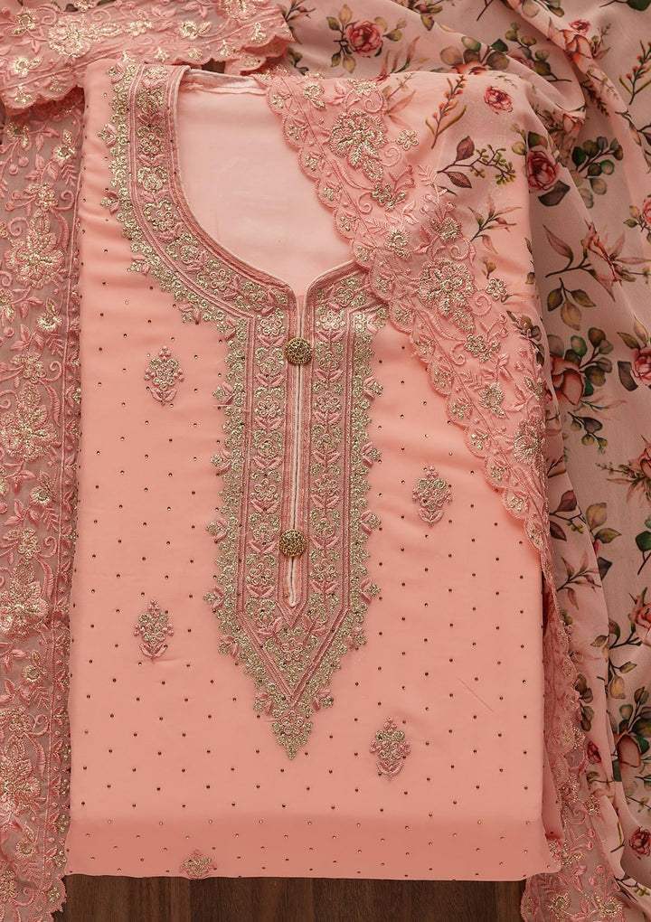 Peach Zariwork Georgette  Unstitched Salwar Suit - Koskii