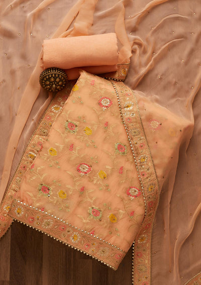 Peach Zariwork Georgette Unstitched Salwar Suit-Koskii