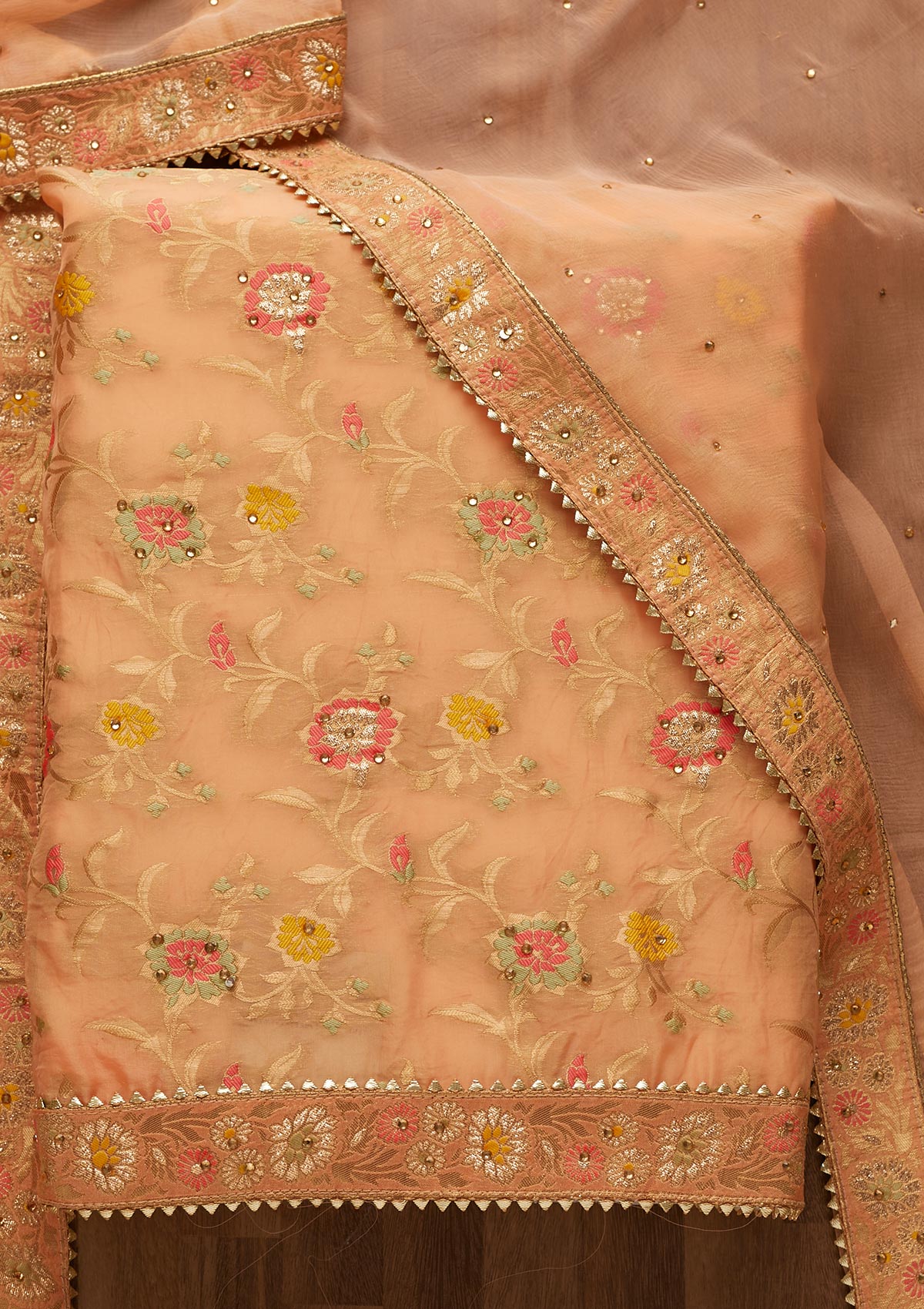Peach Zariwork Georgette Unstitched Salwar Suit-Koskii
