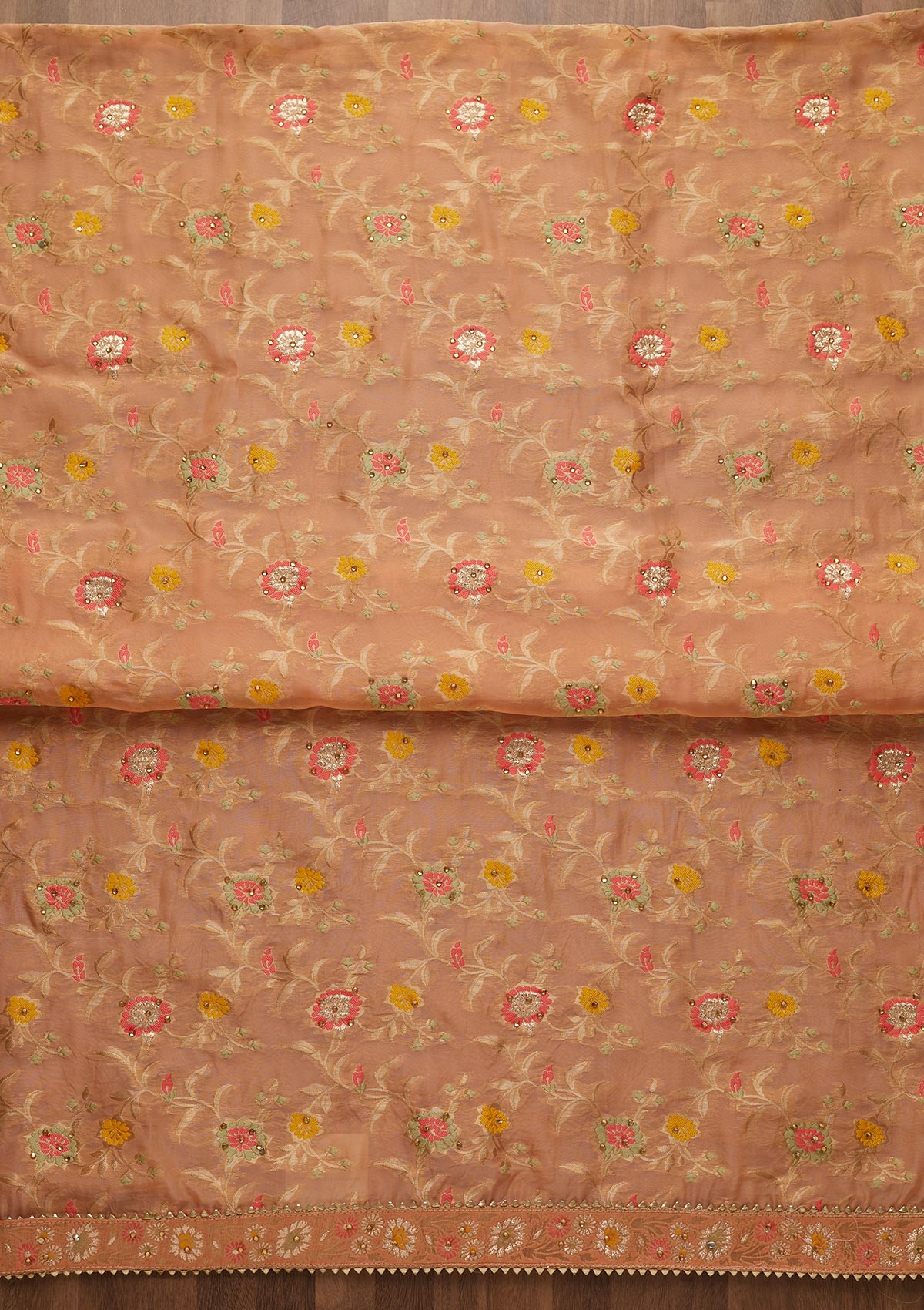 Peach Zariwork Georgette Unstitched Salwar Suit-Koskii