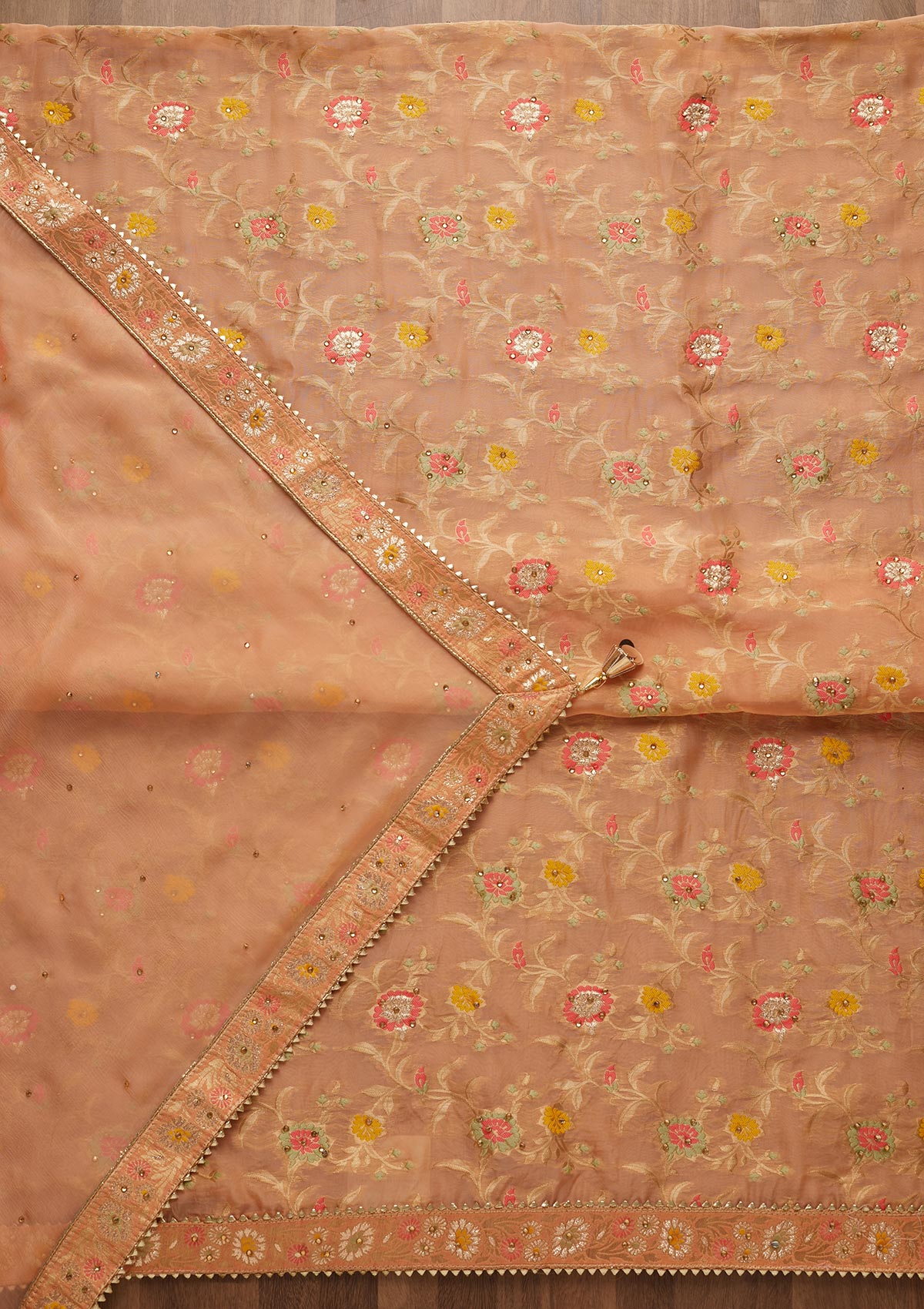 Peach Zariwork Georgette Unstitched Salwar Suit-Koskii