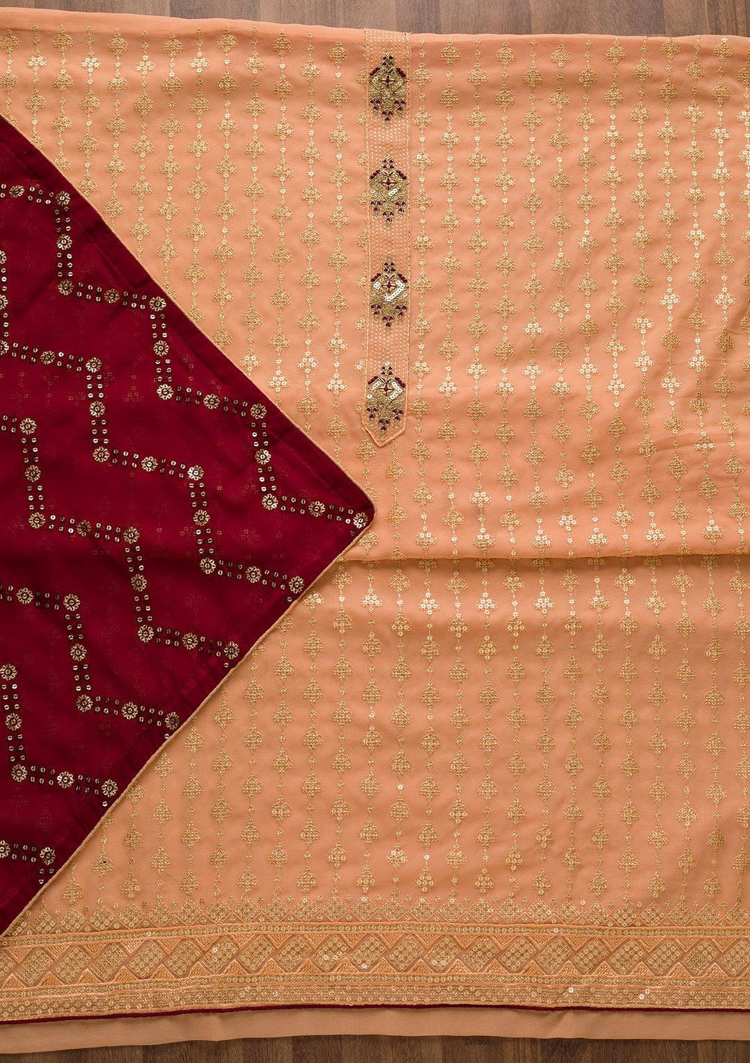 Peach Zariwork Georgette Unstitched Salwar Suit-Koskii