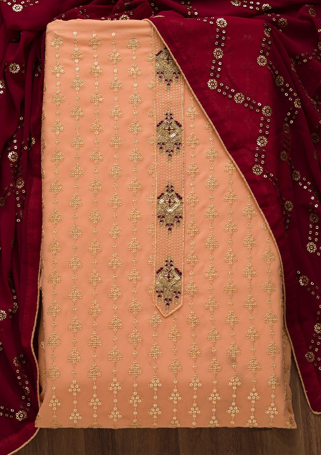 Peach Zariwork Georgette Unstitched Salwar Suit-Koskii