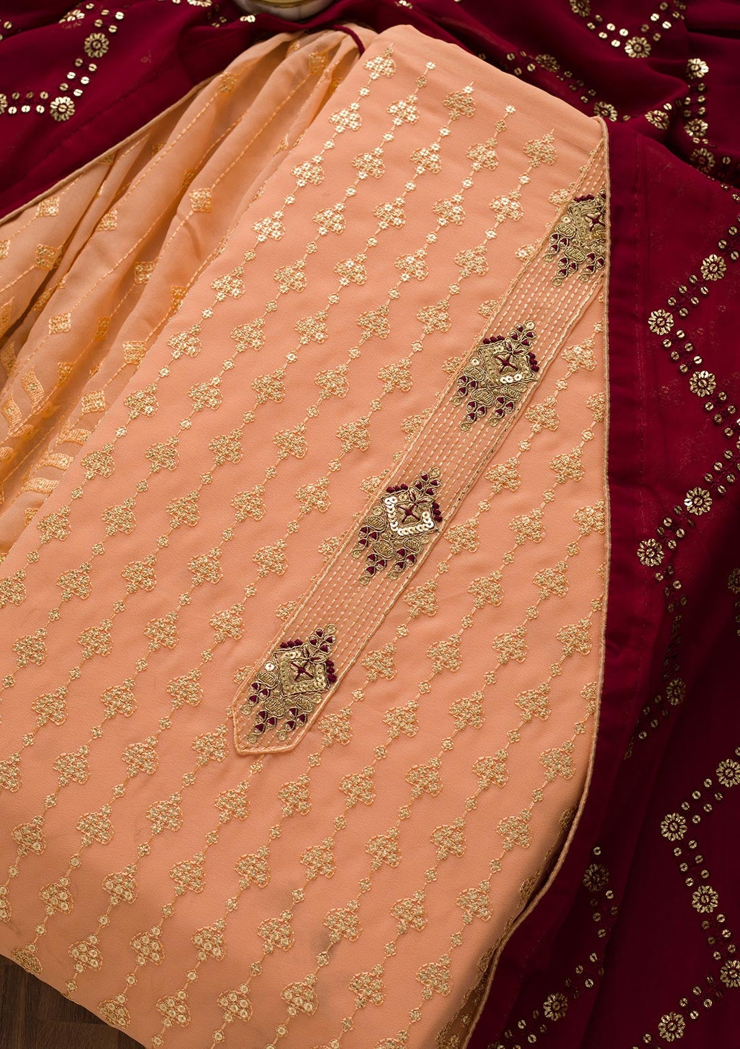 Peach Zariwork Georgette Unstitched Salwar Suit-Koskii