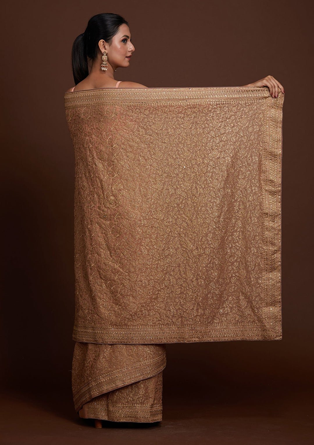 Peach Zariwork Georgette Saree-Koskii