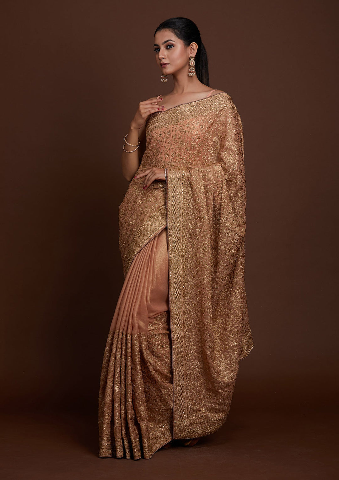 Peach Zariwork Georgette Saree-Koskii