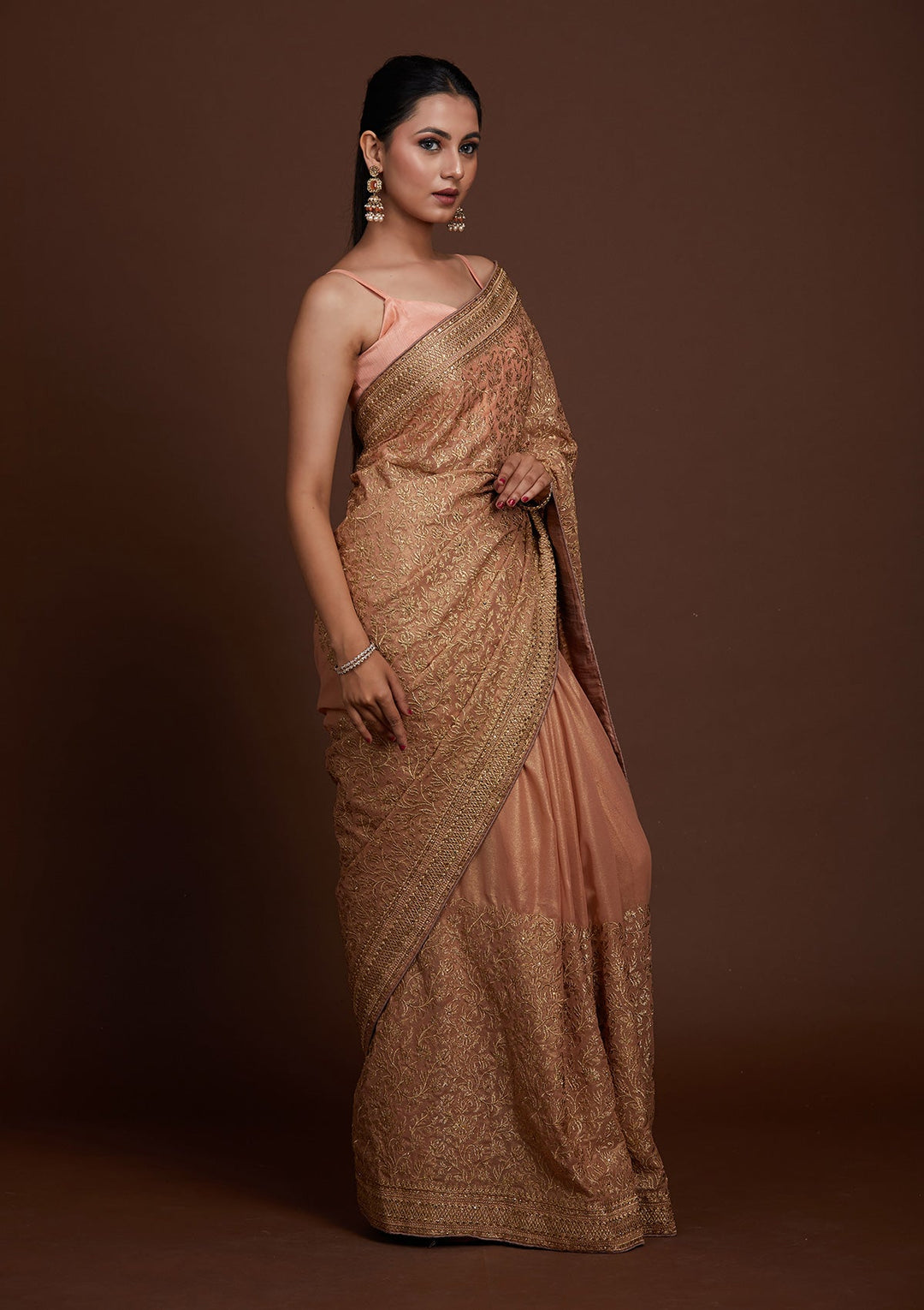 Peach Zariwork Georgette Saree-Koskii