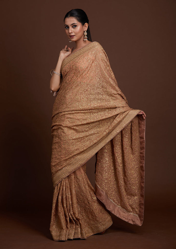 Peach Zariwork Georgette Saree-Koskii