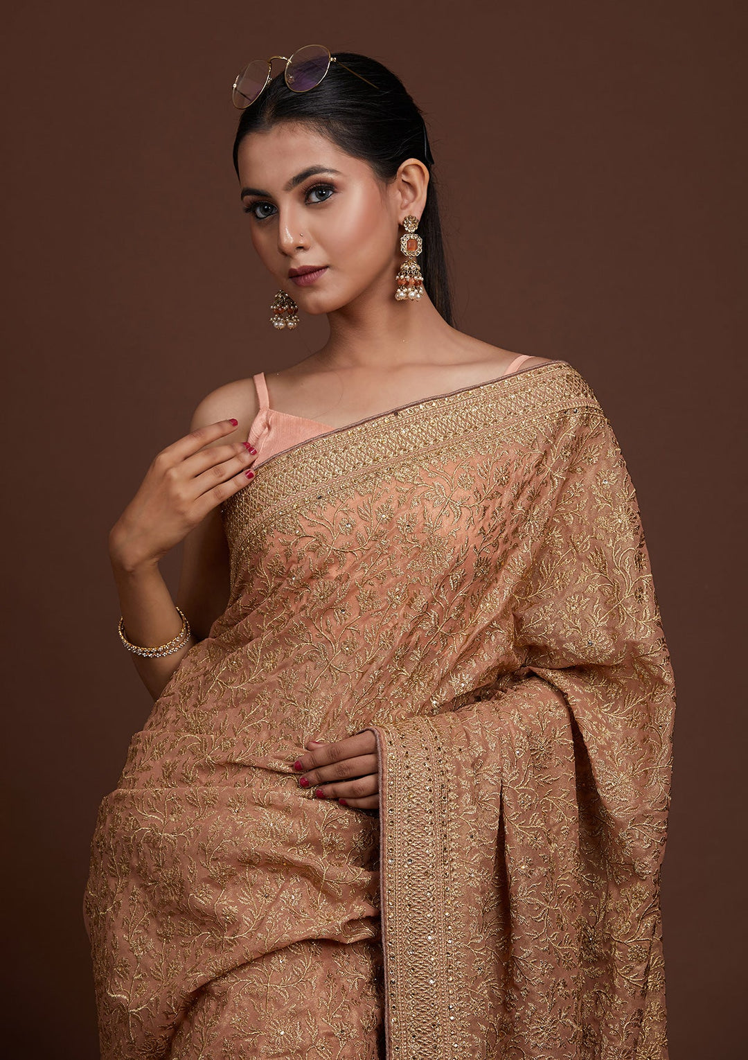 Peach Zariwork Georgette Saree-Koskii