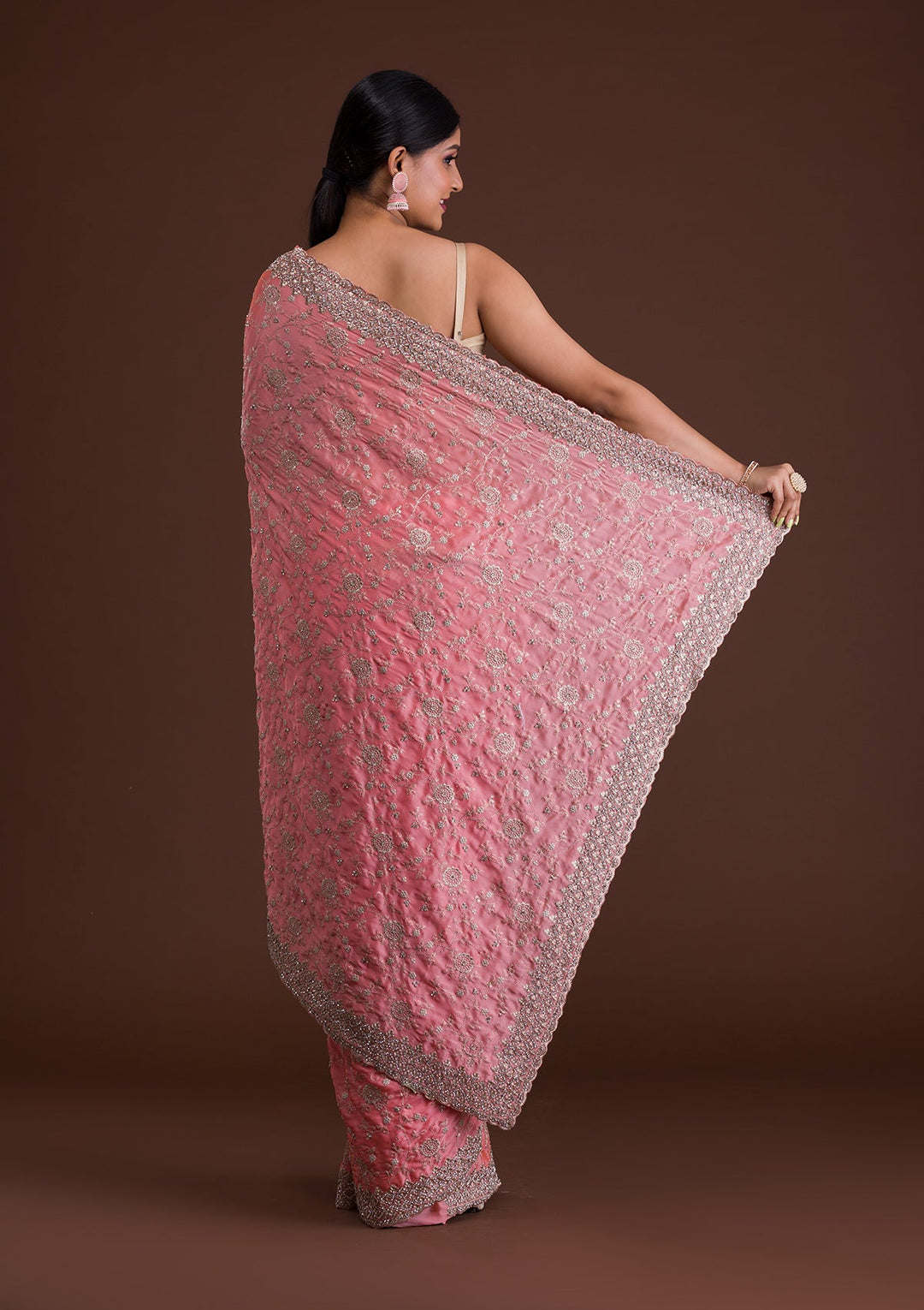 Peach Zariwork Georgette Saree-Koskii