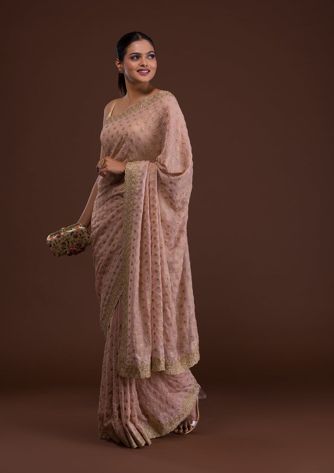 Peach Zariwork Georgette Saree-Koskii