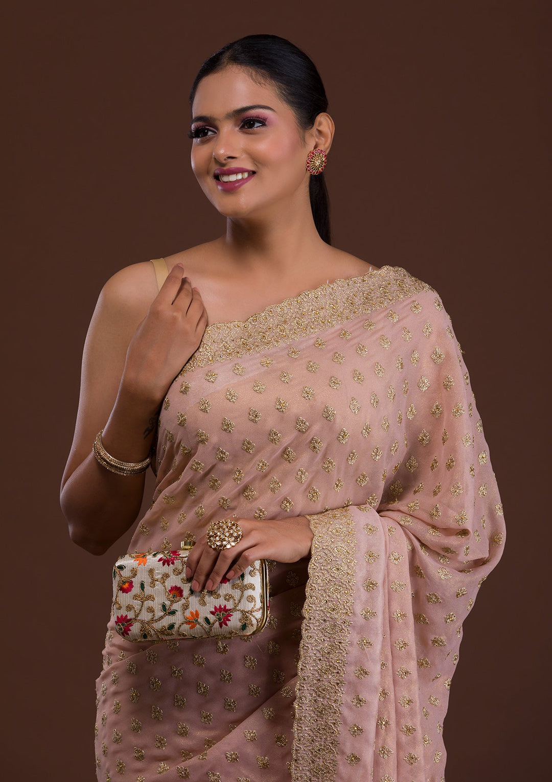 Peach Zariwork Georgette Saree-Koskii