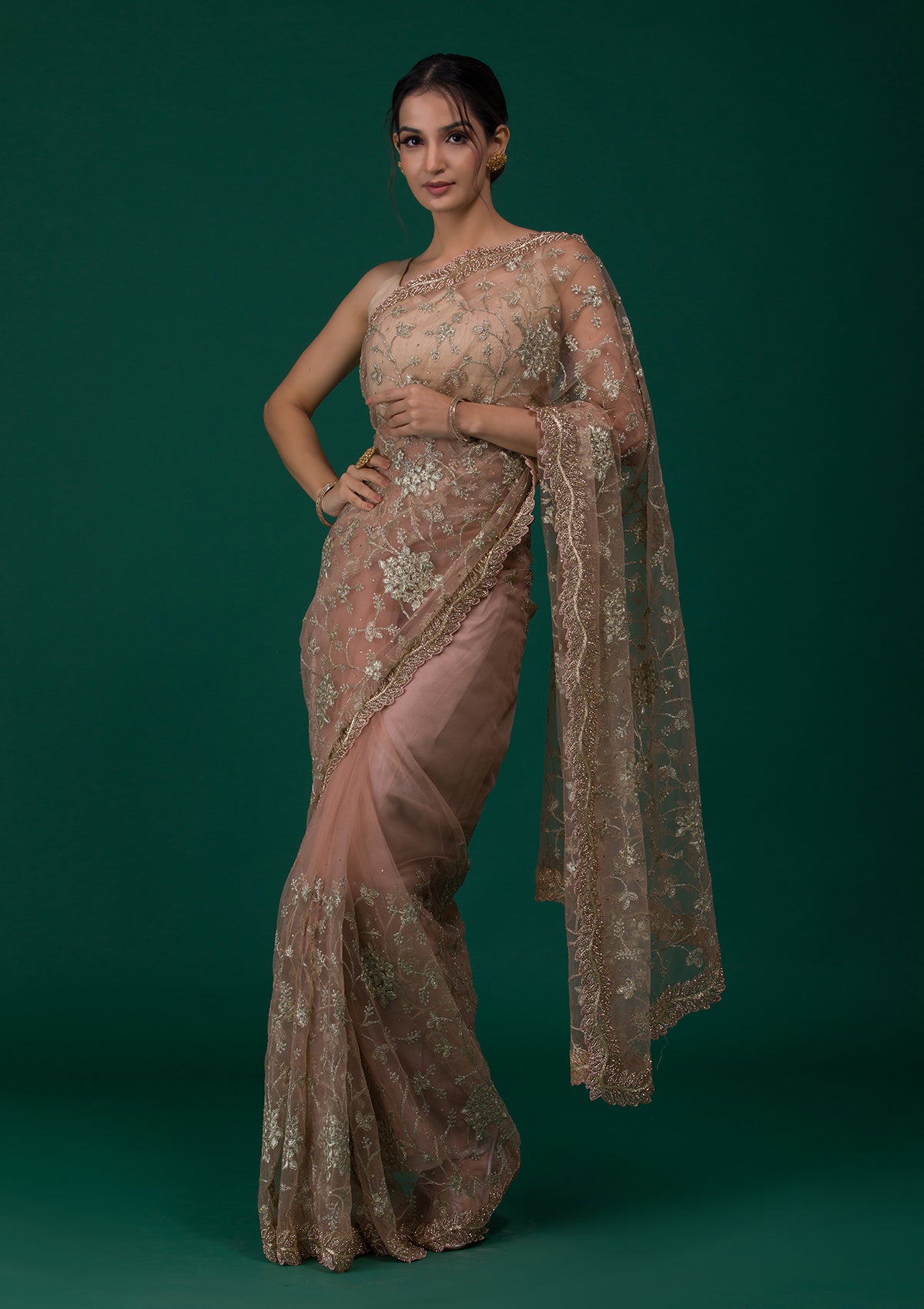 Peach Zariwork Net Saree-Koskii