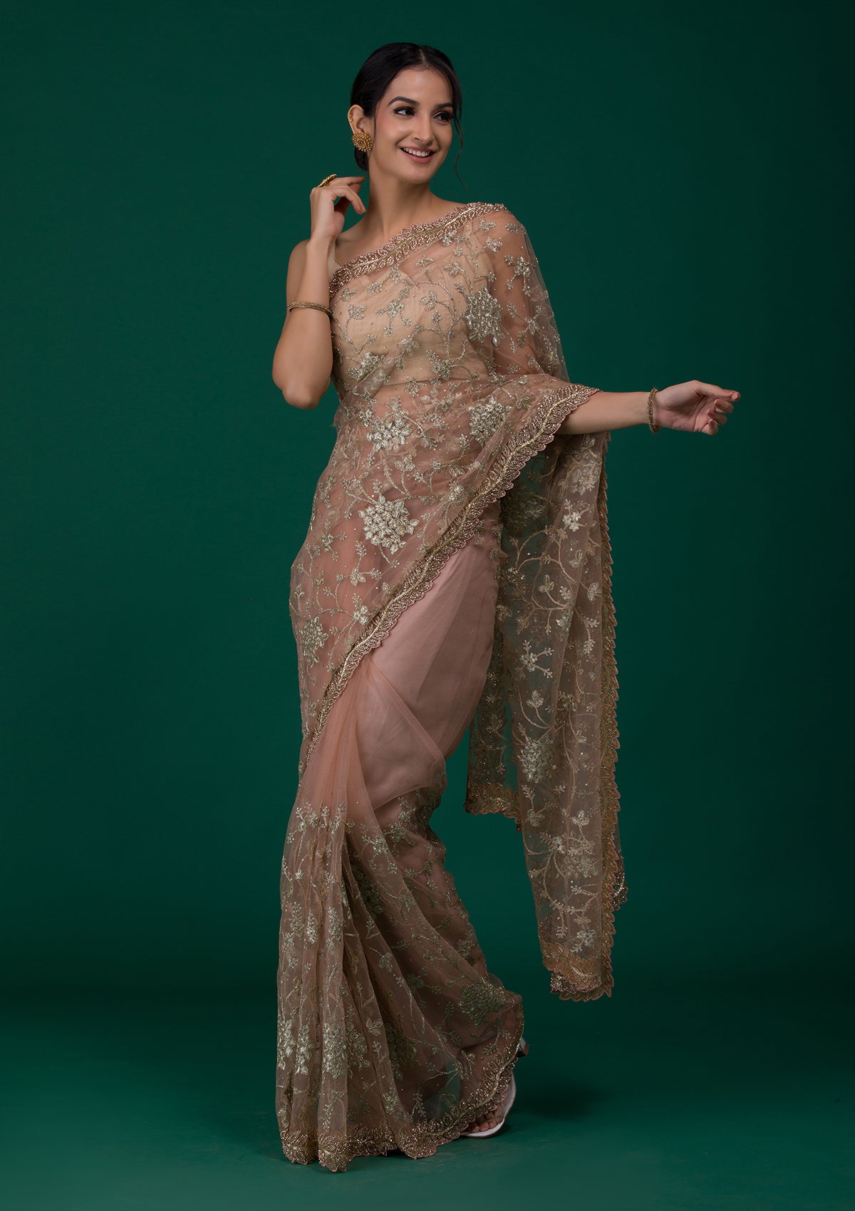 Peach Zariwork Net Saree-Koskii