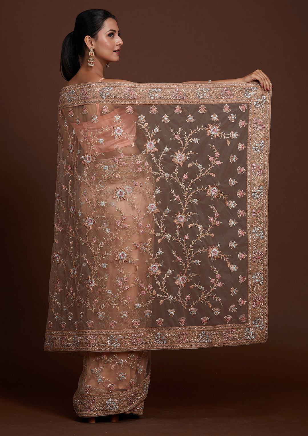 Peach Zariwork Net Saree-Koskii