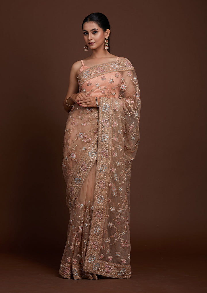 Peach Zariwork Net Saree-Koskii