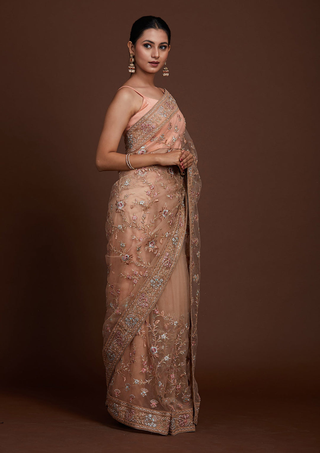 Peach Zariwork Net Saree-Koskii