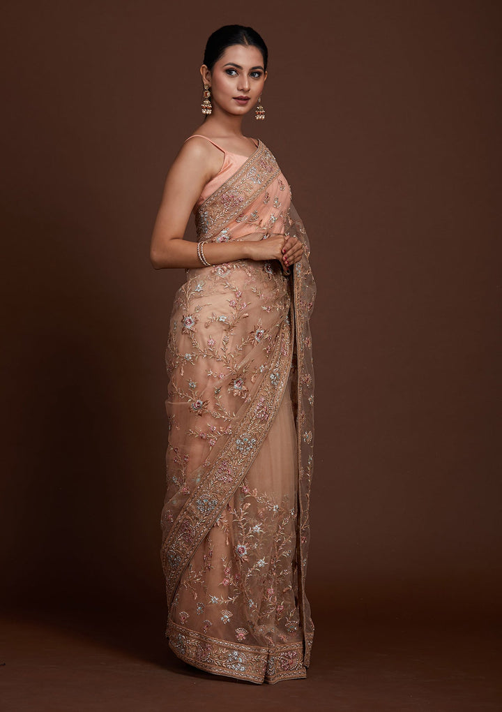 Peach Zariwork Net Saree-Koskii