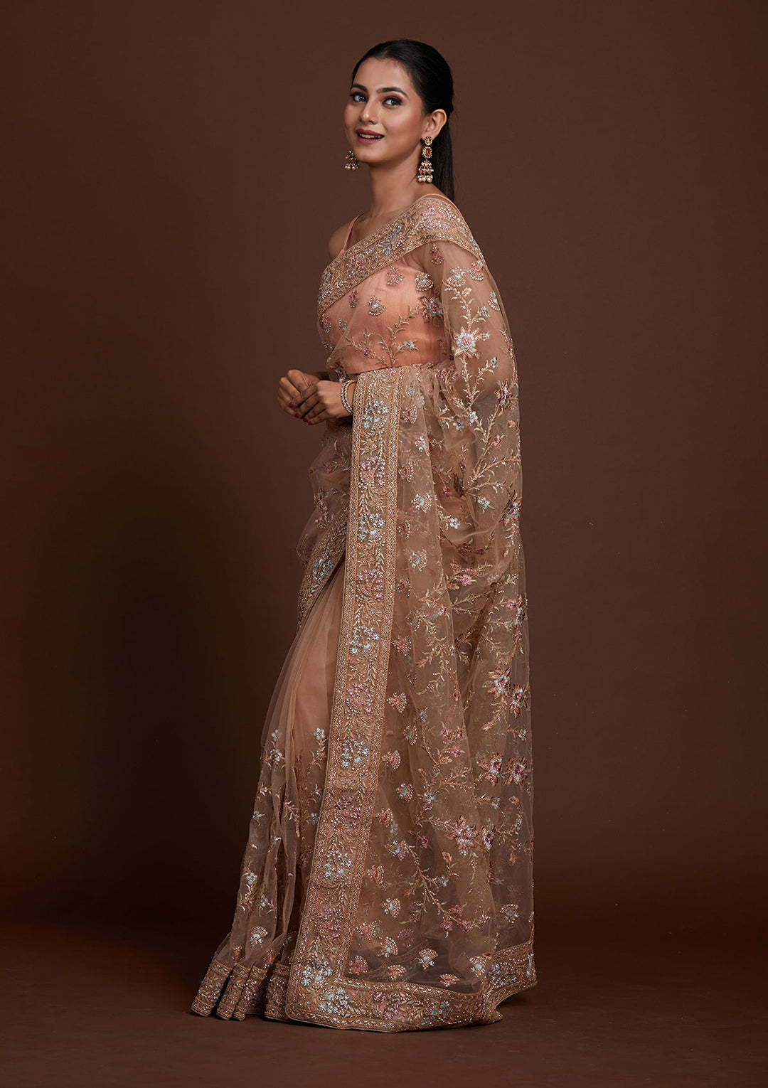 Peach Zariwork Net Saree-Koskii