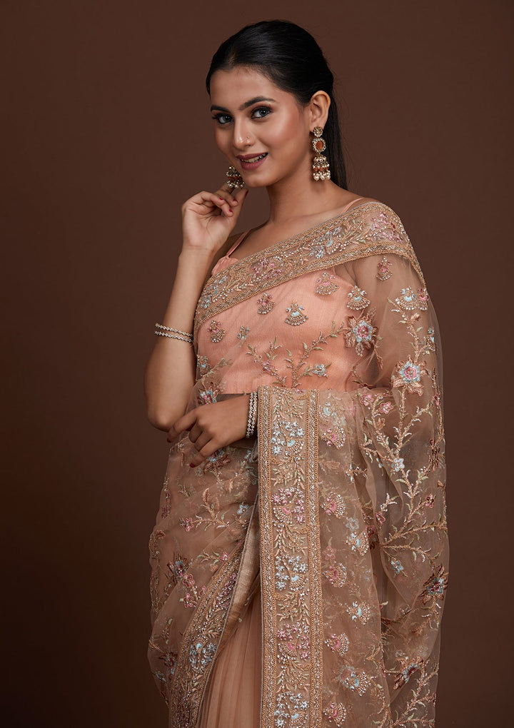 Peach Zariwork Net Saree-Koskii