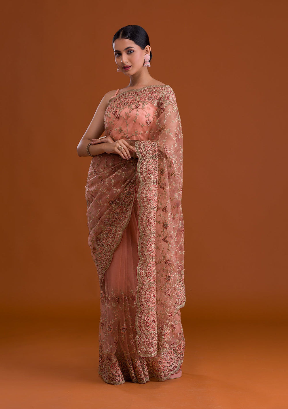 Peach Zariwork Net Saree-Koskii