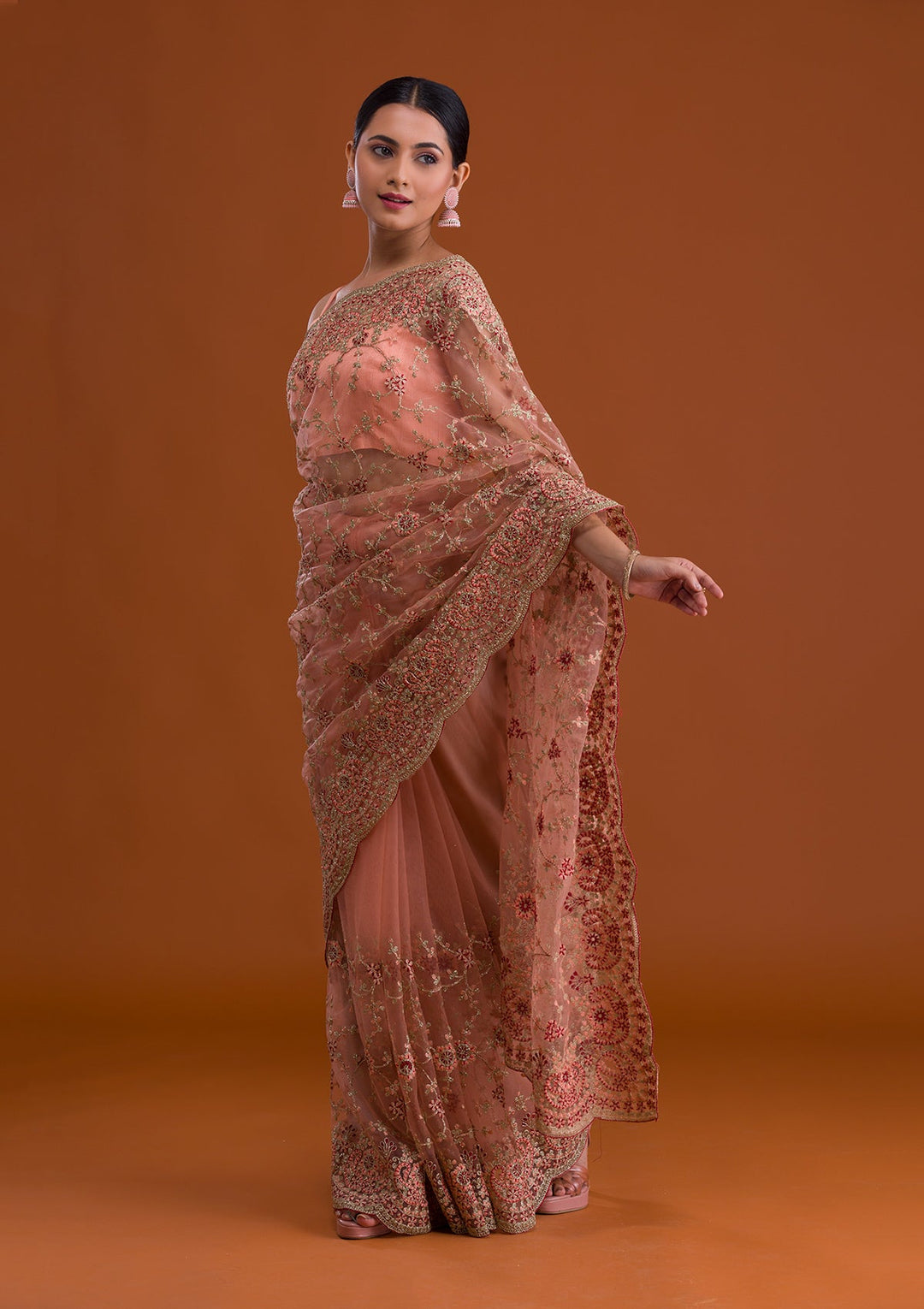 Peach Zariwork Net Saree-Koskii